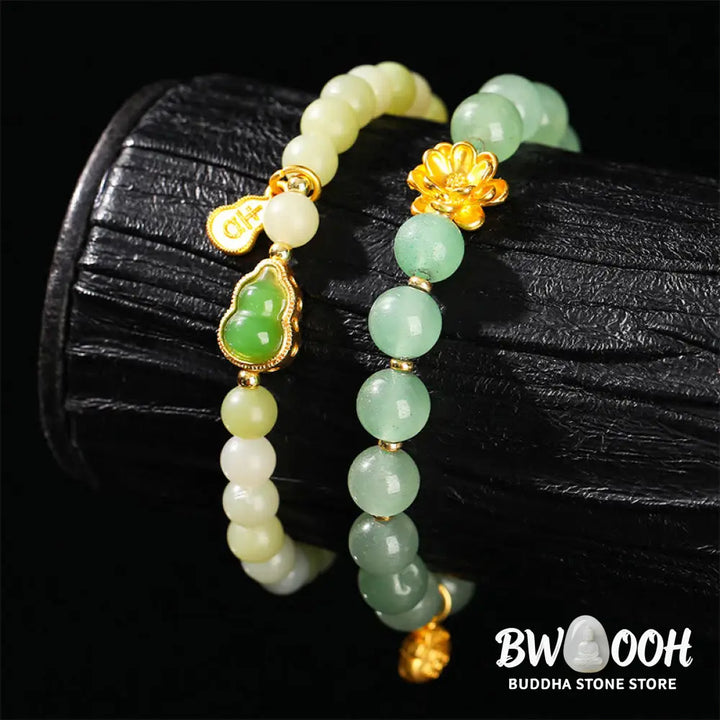Buddha Stones Natural Jade Green Aventurine Gourd Fu Character Luck Bracelet - Bracelet