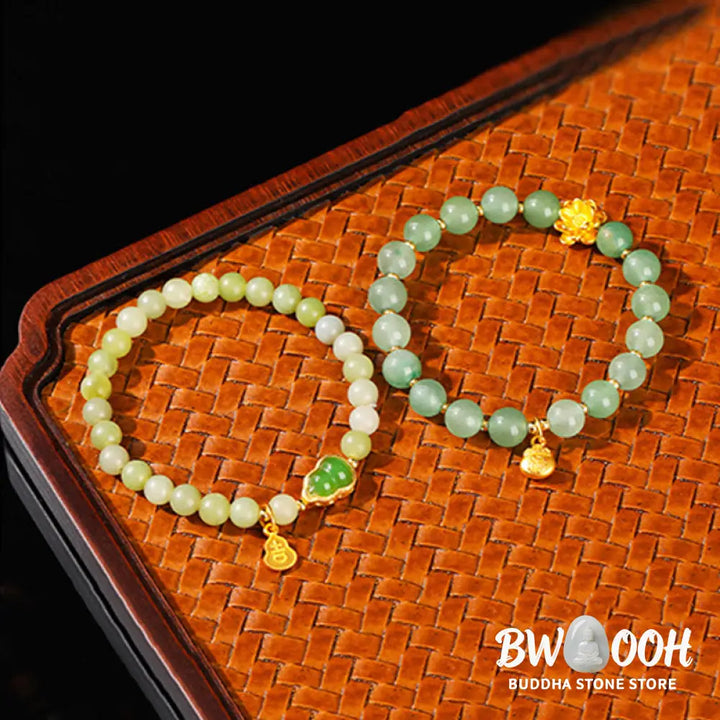 Buddha Stones Natural Jade Green Aventurine Gourd Fu Character Luck Bracelet - Bracelet