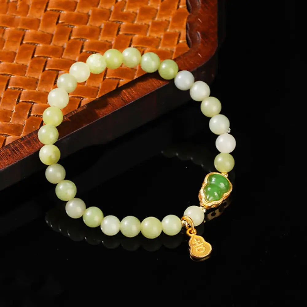 Buddha Stones Natural Jade Green Aventurine Gourd Fu Character Luck Bracelet - Jade(Wrist Circumference: 14-16cm)