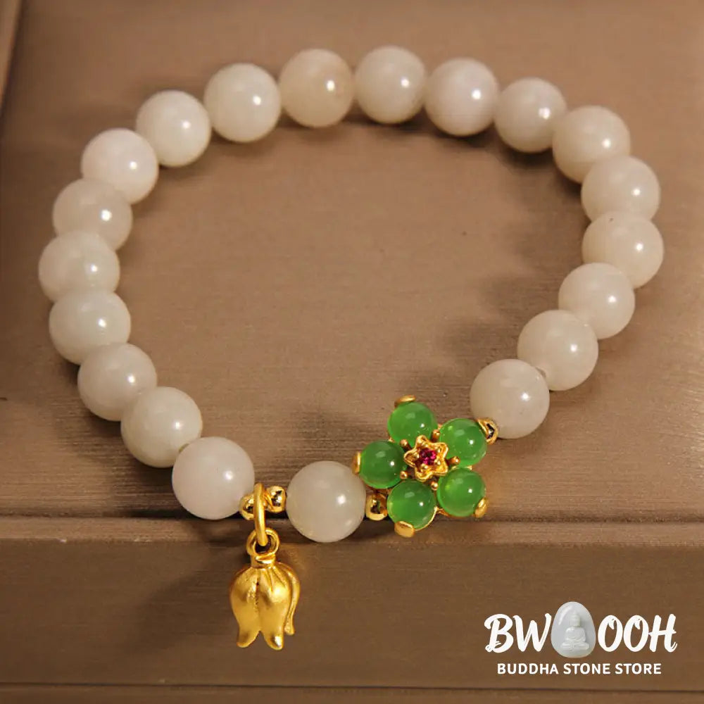 Buddha Stones Natural Jade Green Flower Lily Of The Valley Luck Bracelet - BWOOOH - Jade(Wrist Circumference 14-16cm)