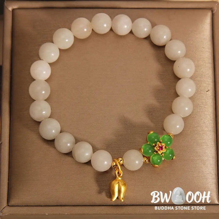 Buddha Stones Natural Jade Green Flower Lily Of The Valley Luck Bracelet - BWOOOH - Jade(Wrist Circumference 14-16cm)