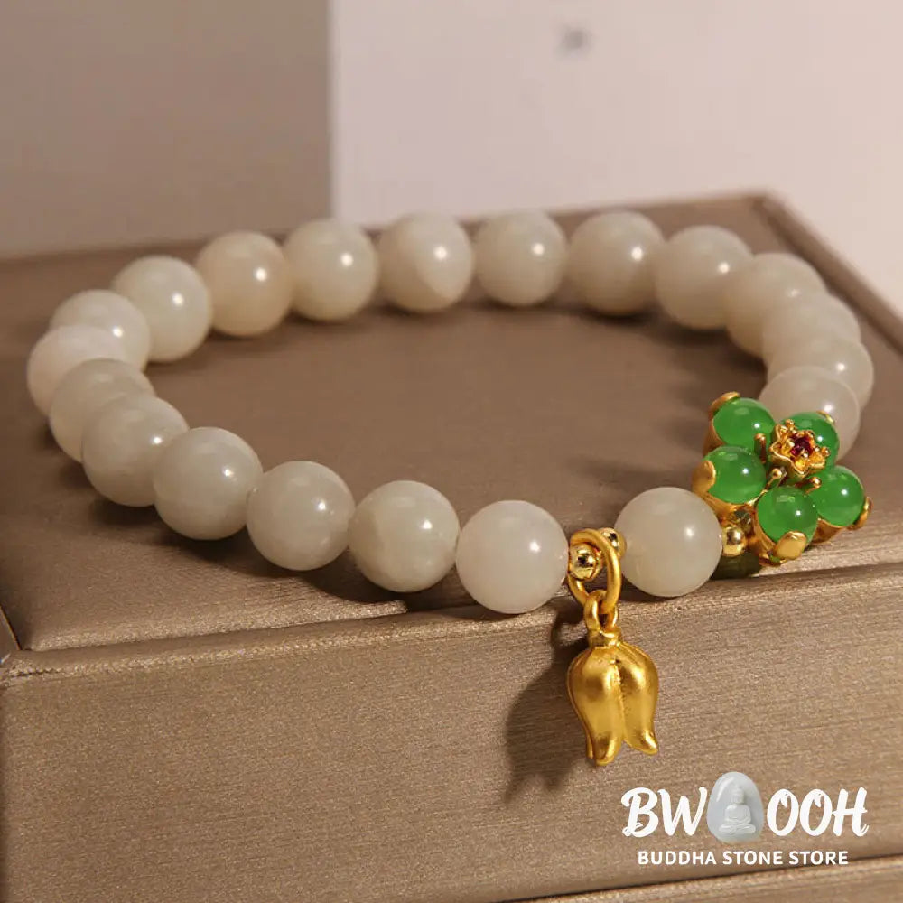 Buddha Stones Natural Jade Green Flower Lily Of The Valley Luck Bracelet - BWOOOH - Jade(Wrist Circumference 14-16cm)