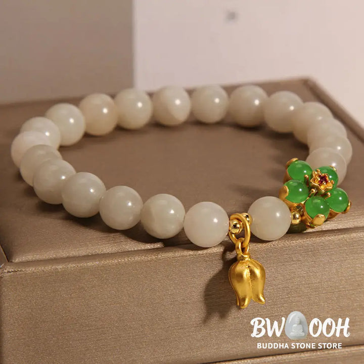 Buddha Stones Natural Jade Green Flower Lily Of The Valley Luck Bracelet - BWOOOH - Jade(Wrist Circumference 14-16cm)