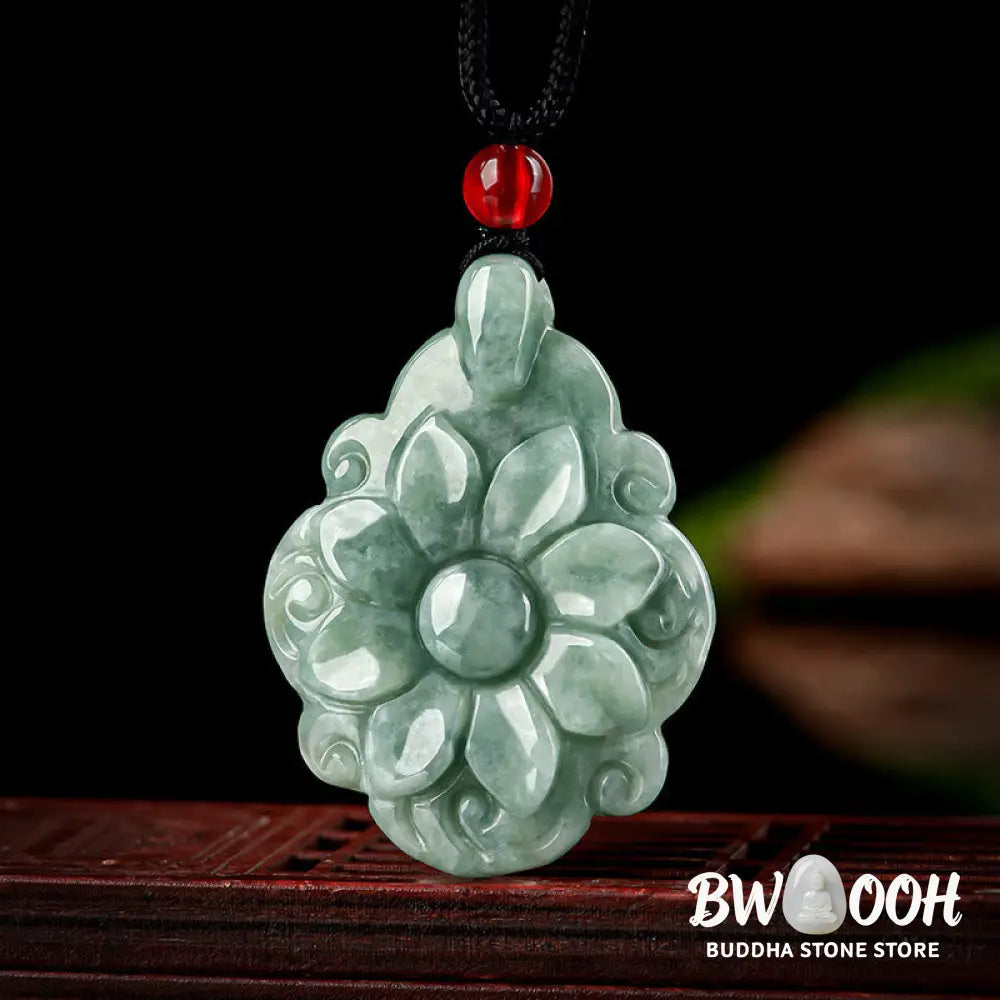 Buddha Stones Natural Jade Kalanchoe blossfeldiana Flower Pattern Luck Necklace Pendant - BWOOOH