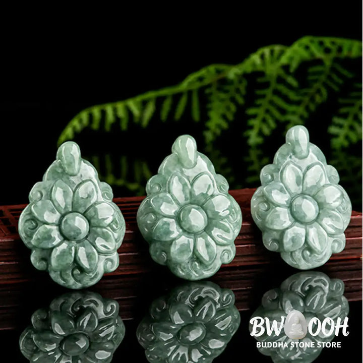 Buddha Stones Natural Jade Kalanchoe blossfeldiana Flower Pattern Luck Necklace Pendant - BWOOOH