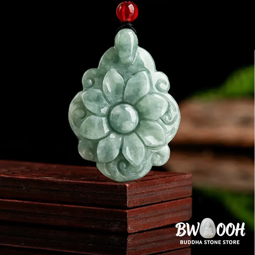 Buddha Stones Natural Jade Kalanchoe blossfeldiana Flower Pattern Luck Necklace Pendant - BWOOOH