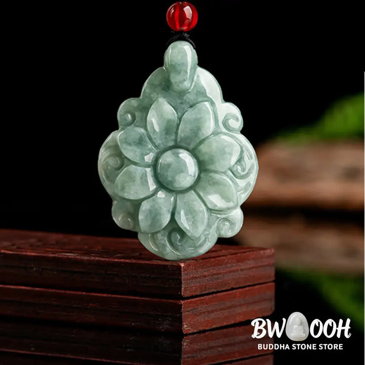 Buddha Stones Natural Jade Kalanchoe blossfeldiana Flower Pattern Luck Necklace Pendant - BWOOOH