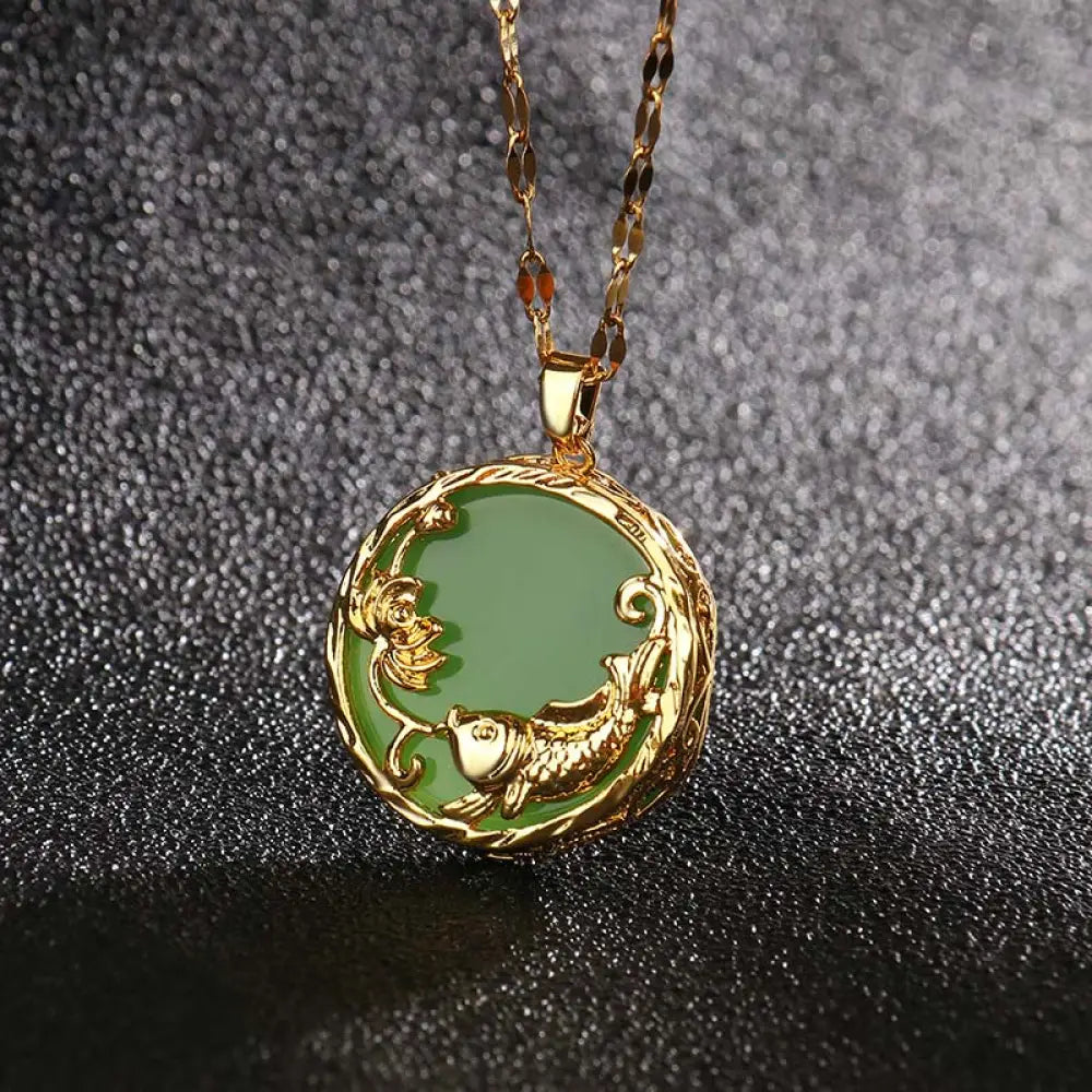 BWOOOH Natural White Jade Koi Fish and Lotus pendant necklace with gold-plated copper and titanium steel chain, symbolizing fortune, spiritual balance, and prosperity.