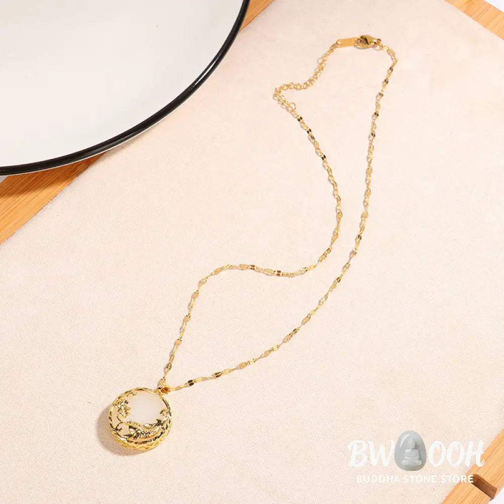 BWOOOH Natural White Jade Koi Fish and Lotus pendant necklace with gold-plated copper and titanium steel chain, symbolizing fortune, spiritual balance, and prosperity. - View 7