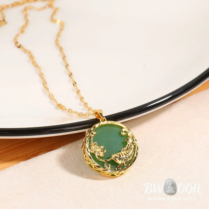 BWOOOH Natural White Jade Koi Fish and Lotus pendant necklace with gold-plated copper and titanium steel chain, symbolizing fortune, spiritual balance, and prosperity. - View 2