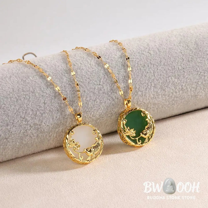 BWOOOH Natural White Jade Koi Fish and Lotus pendant necklace with gold-plated copper and titanium steel chain, symbolizing fortune, spiritual balance, and prosperity. - View 9