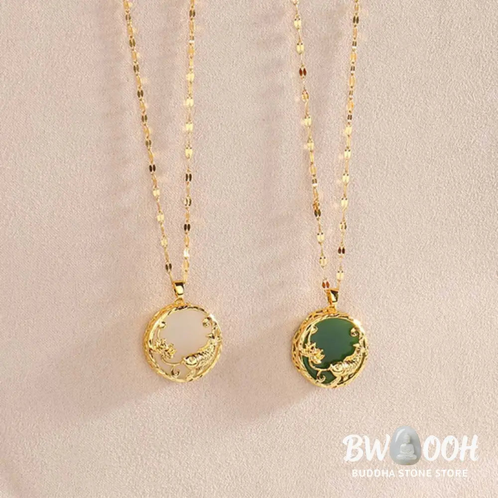 BWOOOH Natural White Jade Koi Fish and Lotus pendant necklace with gold-plated copper and titanium steel chain, symbolizing fortune, spiritual balance, and prosperity. - View 10