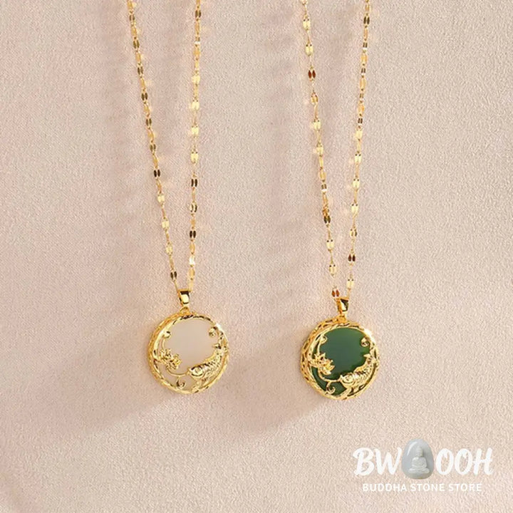 BWOOOH Natural White Jade Koi Fish and Lotus pendant necklace with gold-plated copper and titanium steel chain, symbolizing fortune, spiritual balance, and prosperity. - View 10