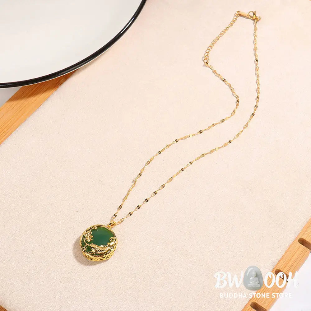 BWOOOH Natural White Jade Koi Fish and Lotus pendant necklace with gold-plated copper and titanium steel chain, symbolizing fortune, spiritual balance, and prosperity. - View 3