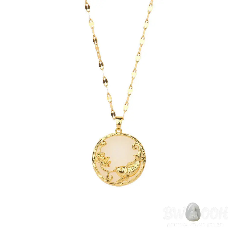 BWOOOH Natural White Jade Koi Fish and Lotus pendant necklace with gold-plated copper and titanium steel chain, symbolizing fortune, spiritual balance, and prosperity. - View 8