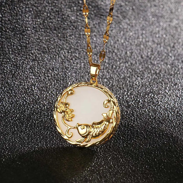 BWOOOH Natural White Jade Koi Fish and Lotus pendant necklace with gold-plated copper and titanium steel chain, symbolizing fortune, spiritual balance, and prosperity. - View 6