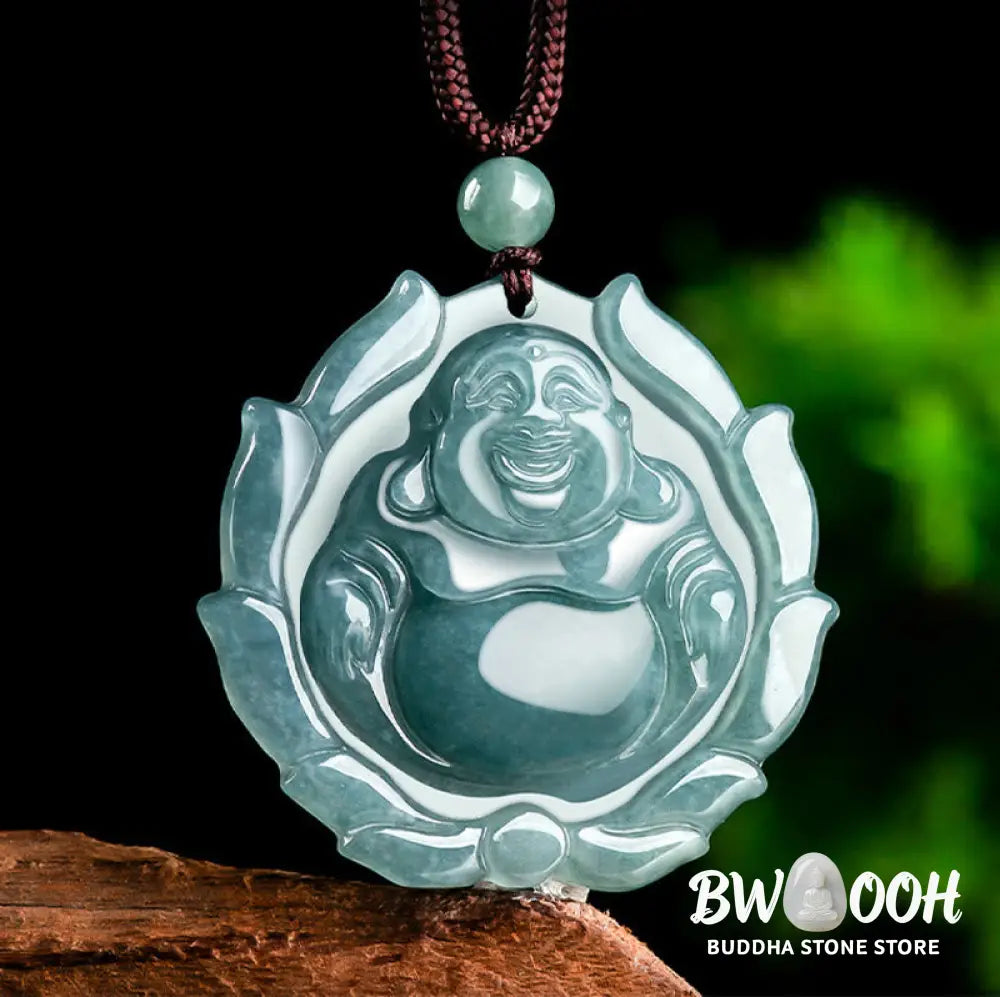 Buddha Stones Natural Jade Laughing Buddha Lotus Pattern Luck Necklace Pendant - BWOOOH - Laughing