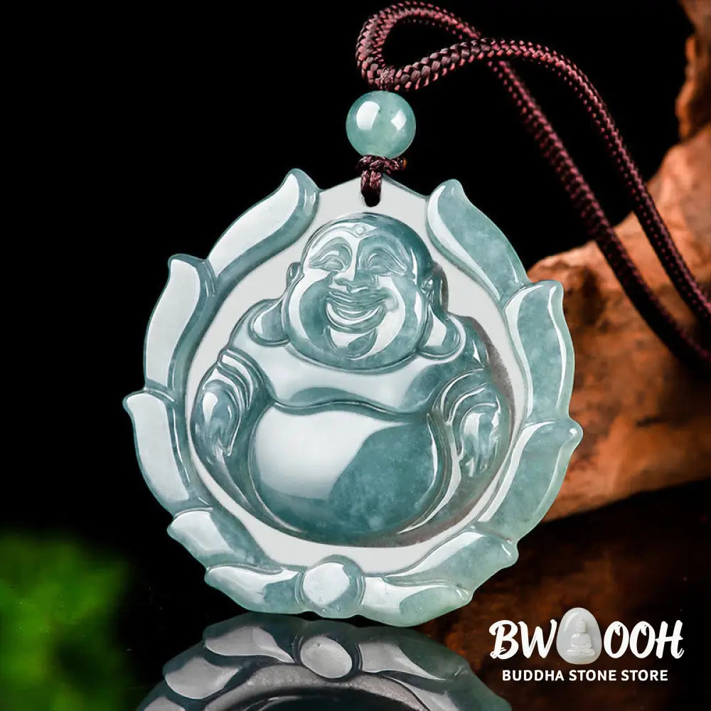 Buddha Stones Natural Jade Laughing Buddha Lotus Pattern Luck Necklace Pendant - BWOOOH - Laughing
