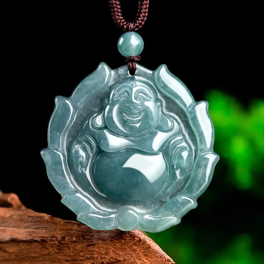 Buddha Stones Natural Jade Laughing Buddha Lotus Pattern Luck Necklace Pendant - BWOOOH - Laughing