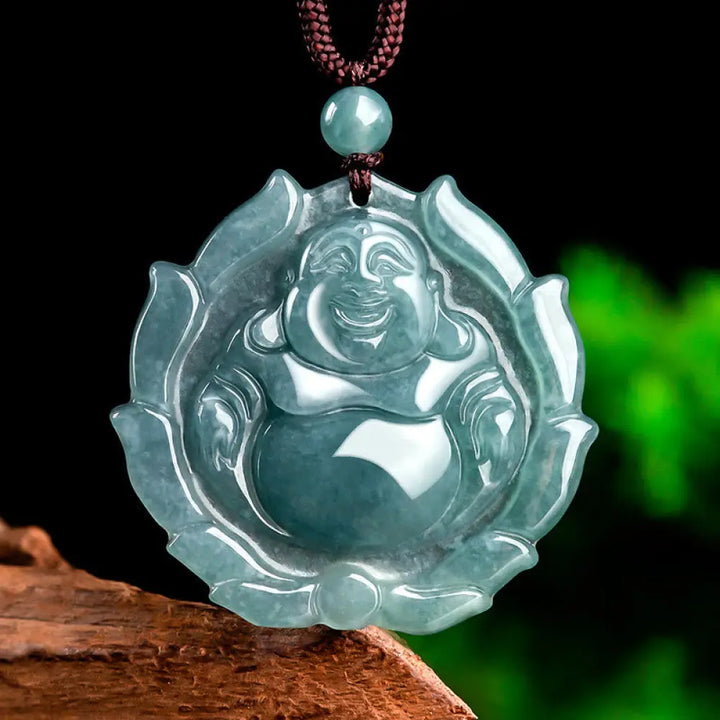 Buddha Stones Natural Jade Laughing Buddha Lotus Pattern Luck Necklace Pendant - BWOOOH - Laughing