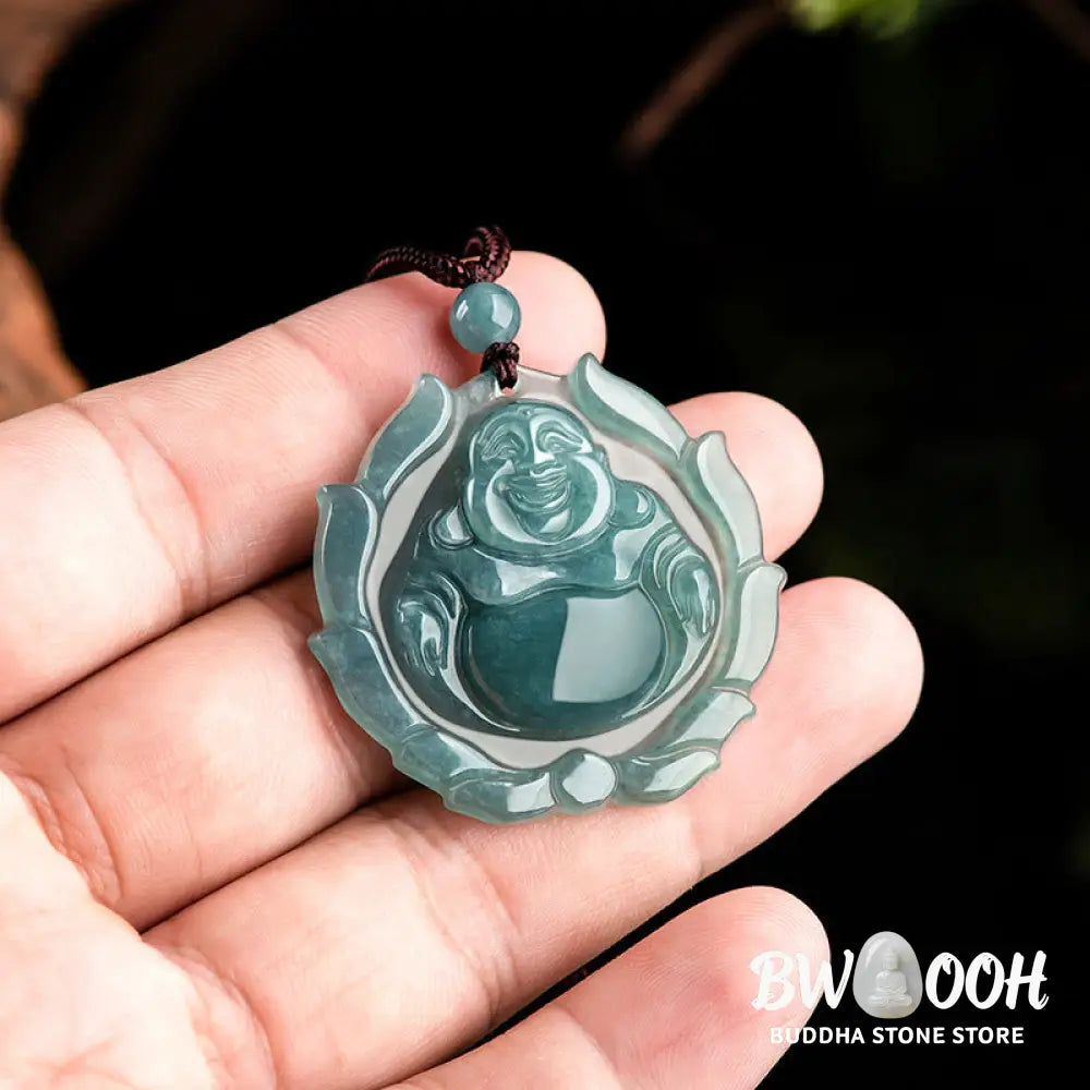 Buddha Stones Natural Jade Laughing Buddha Lotus Pattern Luck Necklace Pendant - BWOOOH - Laughing