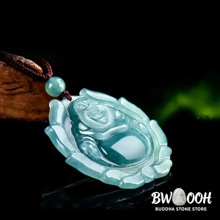 Buddha Stones Natural Jade Laughing Buddha Lotus Pattern Luck Necklace Pendant - BWOOOH - Laughing