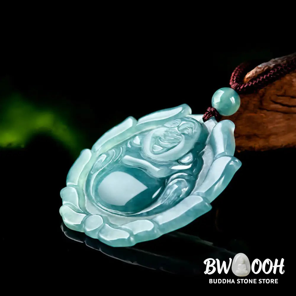 Buddha Stones Natural Jade Laughing Buddha Lotus Pattern Luck Necklace Pendant - BWOOOH - Laughing
