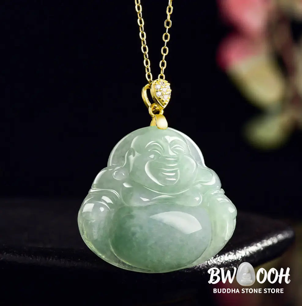 Buddha Stones Natural Jade Laughing Buddha Luck Prosperity Titanium Steel Chain Necklace Pendant - BWOOOH