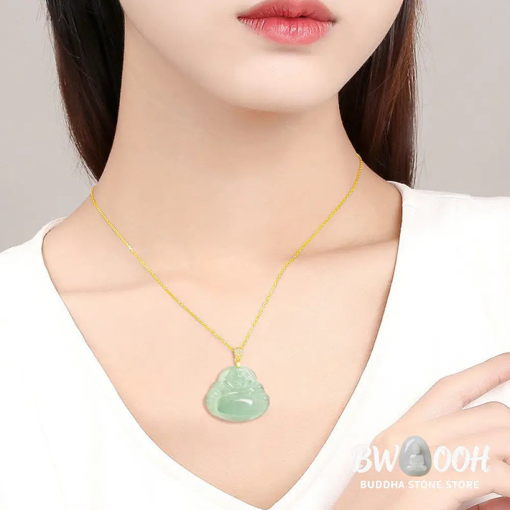 Buddha Stones Natural Jade Laughing Buddha Luck Prosperity Titanium Steel Chain Necklace Pendant - BWOOOH