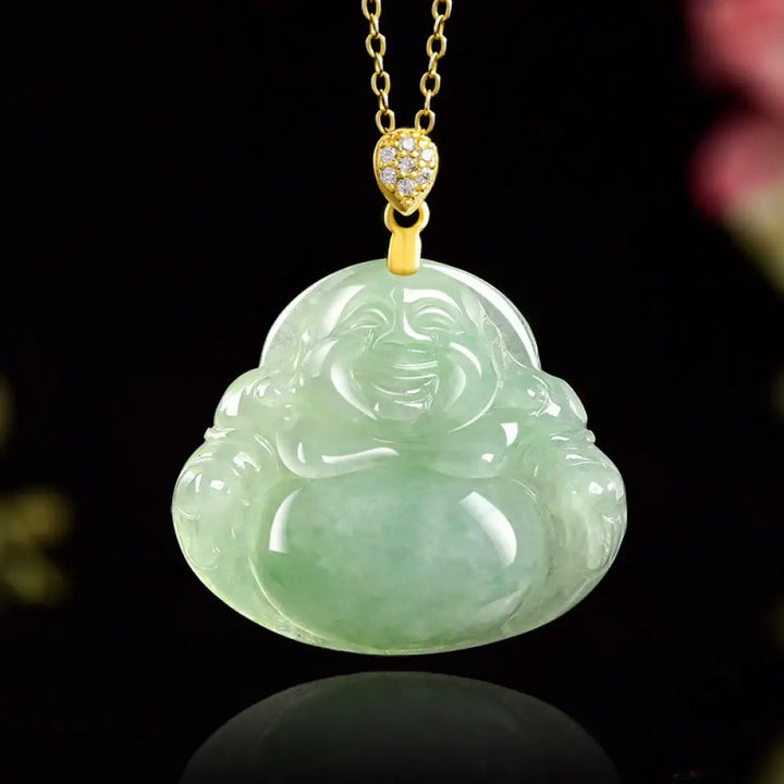 Buddha Stones Natural Jade Laughing Buddha Luck Prosperity Titanium Steel Chain Necklace Pendant - BWOOOH