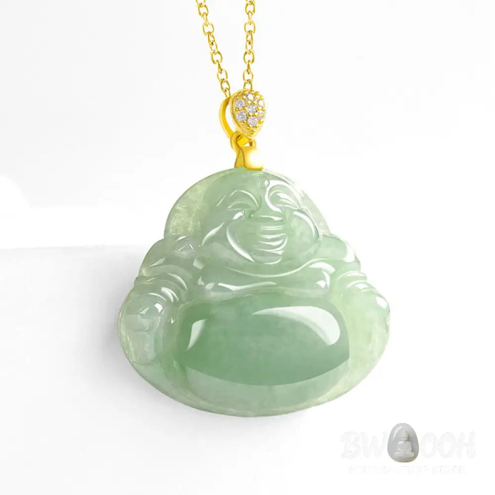 Buddha Stones Natural Jade Laughing Buddha Luck Prosperity Titanium Steel Chain Necklace Pendant - BWOOOH