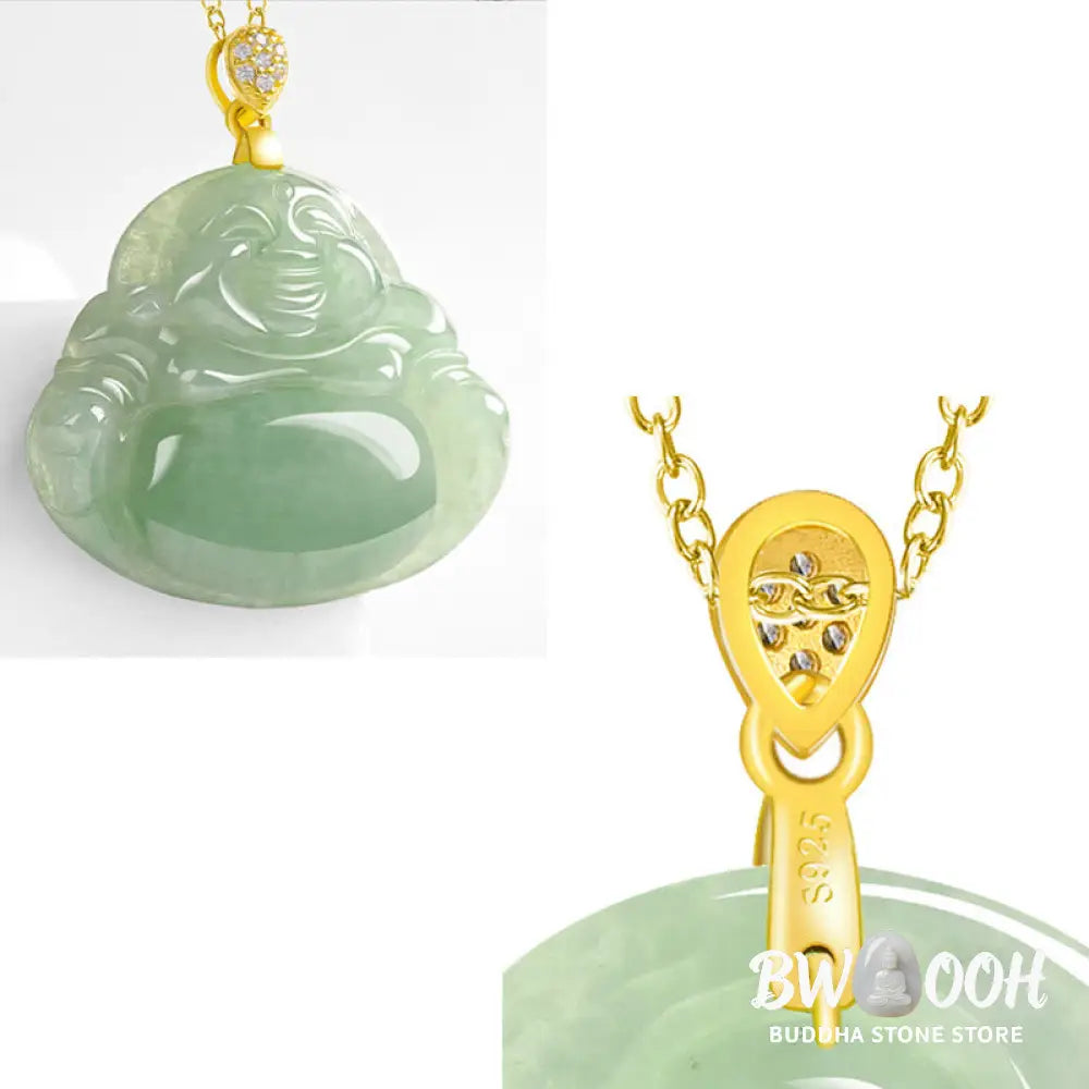 Buddha Stones Natural Jade Laughing Buddha Luck Prosperity Titanium Steel Chain Necklace Pendant - BWOOOH