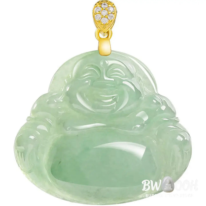 Buddha Stones Natural Jade Laughing Buddha Luck Prosperity Titanium Steel Chain Necklace Pendant - BWOOOH