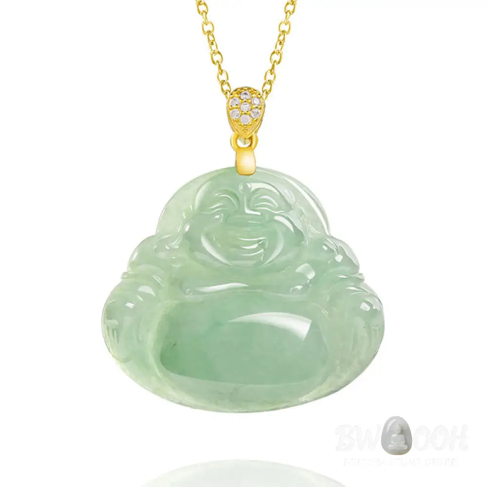 Buddha Stones Natural Jade Laughing Buddha Luck Prosperity Titanium Steel Chain Necklace Pendant - BWOOOH