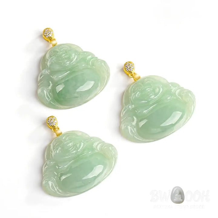 Buddha Stones Natural Jade Laughing Buddha Luck Prosperity Titanium Steel Chain Necklace Pendant - BWOOOH