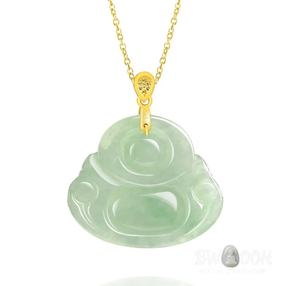 Buddha Stones Natural Jade Laughing Buddha Luck Prosperity Titanium Steel Chain Necklace Pendant - BWOOOH