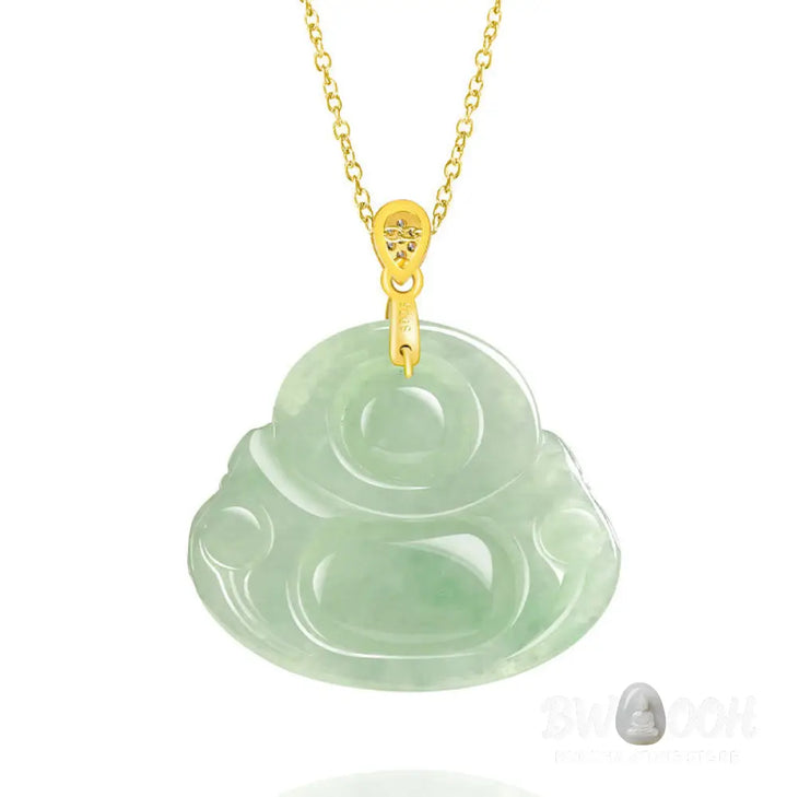 Buddha Stones Natural Jade Laughing Buddha Luck Prosperity Titanium Steel Chain Necklace Pendant - BWOOOH