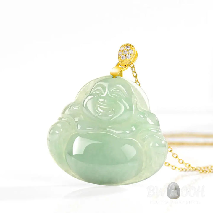 Buddha Stones Natural Jade Laughing Buddha Luck Prosperity Titanium Steel Chain Necklace Pendant - BWOOOH