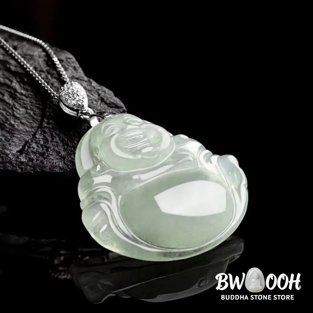 Buddha Stones Natural Jade Laughing Buddha Prosperity Abundance Titanium Steel Chain Necklace Pendant - BWOOOH