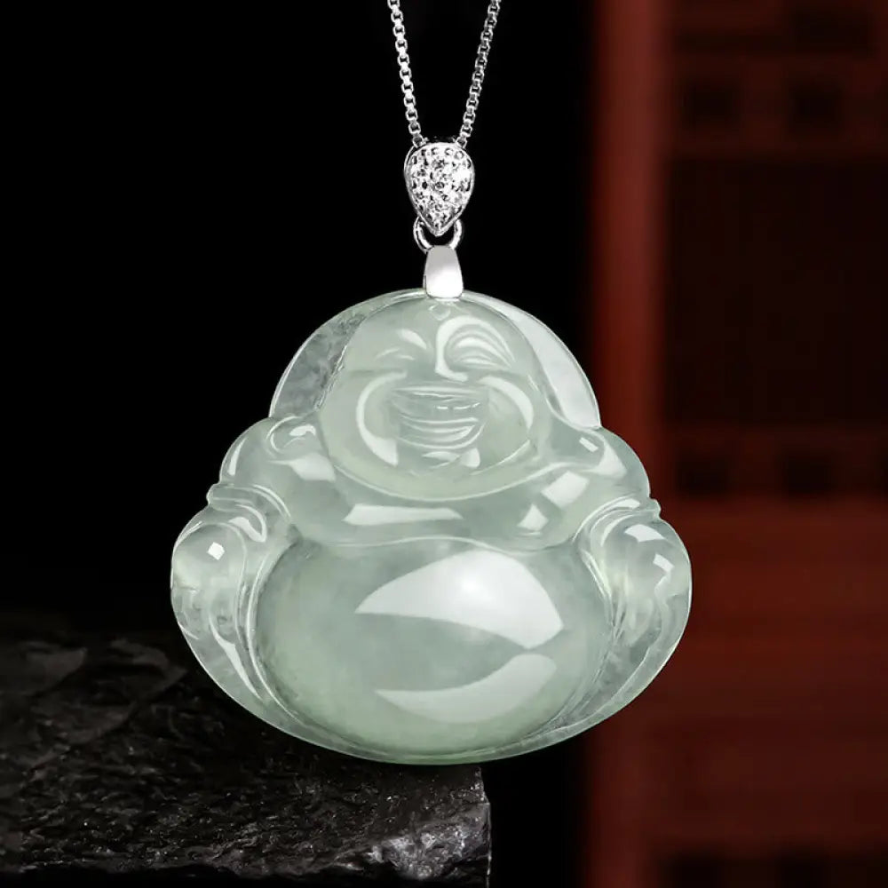 BWOOOH Natural Jade Laughing Buddha Prosperity Abundance Titanium Steel Chain Necklace Pendant