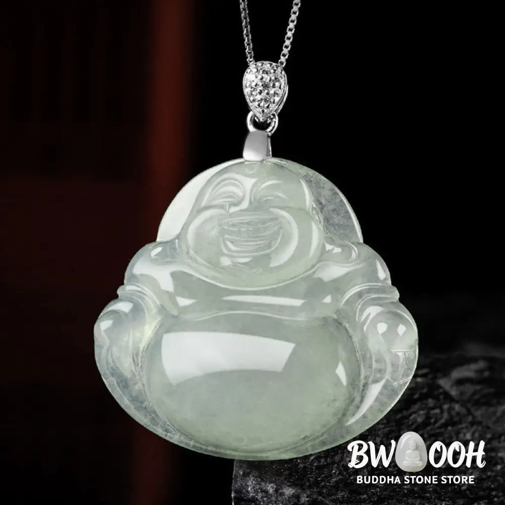 Buddha Stones Natural Jade Laughing Buddha Prosperity Abundance Titanium Steel Chain Necklace Pendant - BWOOOH