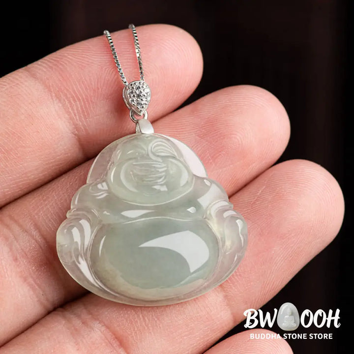Buddha Stones Natural Jade Laughing Buddha Prosperity Abundance Titanium Steel Chain Necklace Pendant - BWOOOH