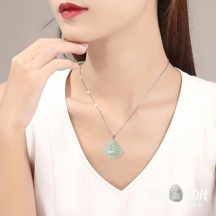 Buddha Stones Natural Jade Laughing Buddha Prosperity Abundance Titanium Steel Chain Necklace Pendant - BWOOOH