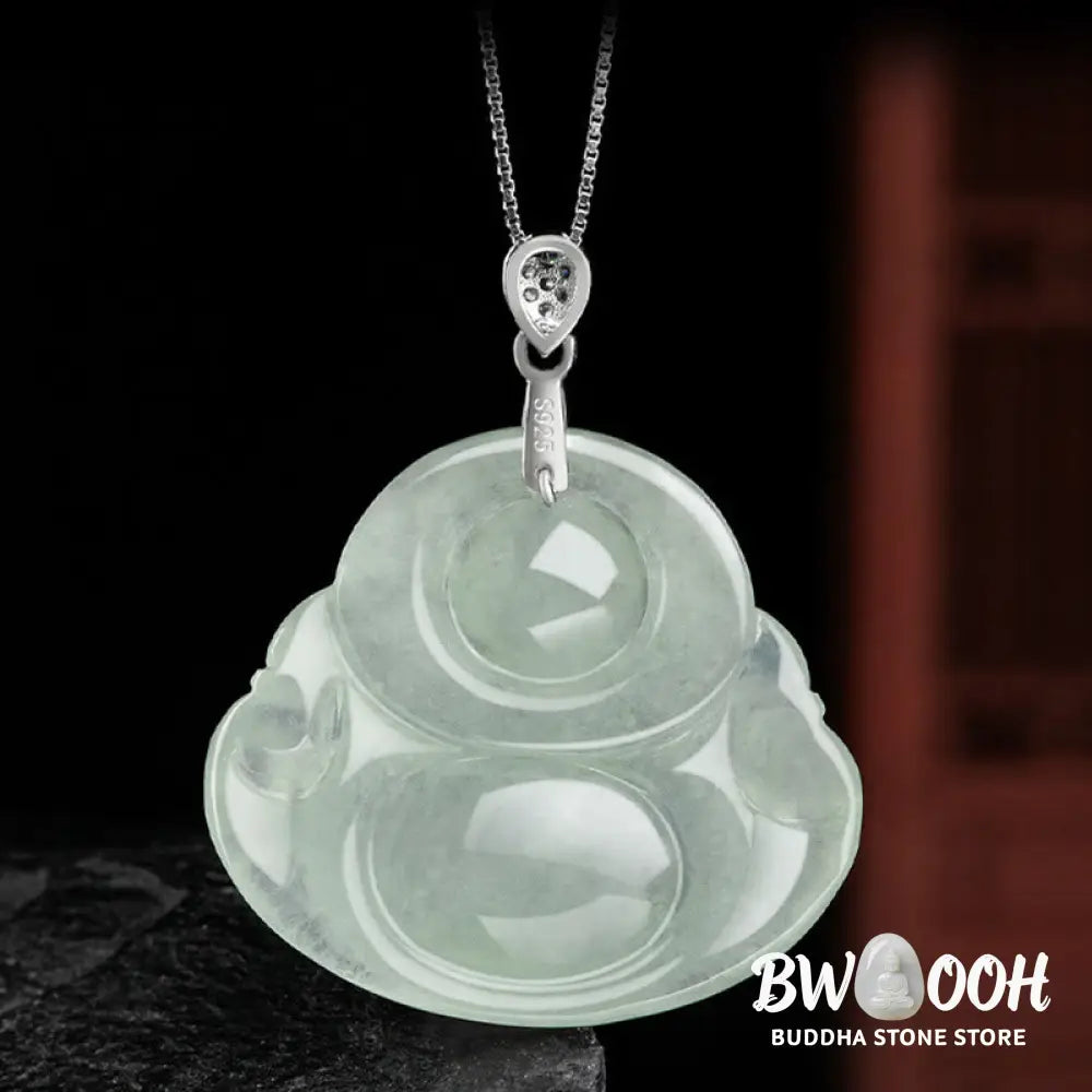 Buddha Stones Natural Jade Laughing Buddha Prosperity Abundance Titanium Steel Chain Necklace Pendant - BWOOOH