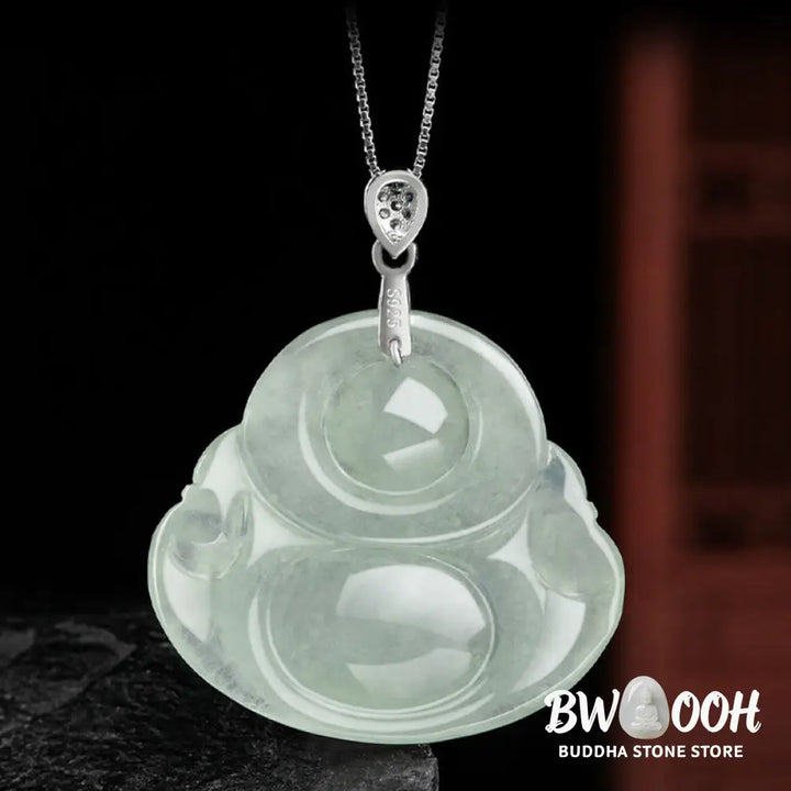 Buddha Stones Natural Jade Laughing Buddha Prosperity Abundance Titanium Steel Chain Necklace Pendant - BWOOOH