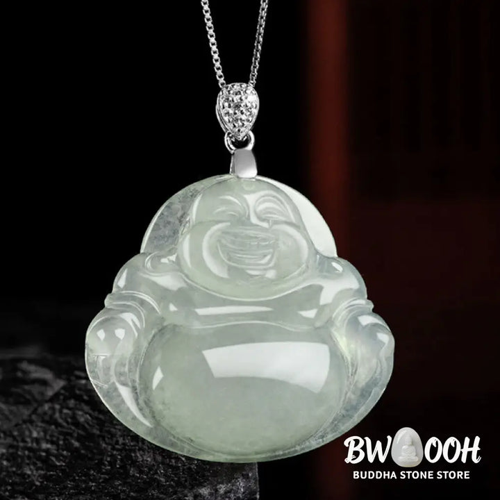 Buddha Stones Natural Jade Laughing Buddha Prosperity Abundance Titanium Steel Chain Necklace Pendant - BWOOOH
