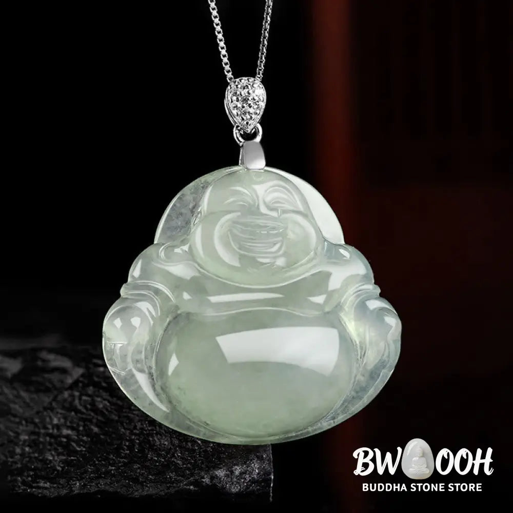 Buddha Stones Natural Jade Laughing Buddha Prosperity Abundance Titanium Steel Chain Necklace Pendant - BWOOOH