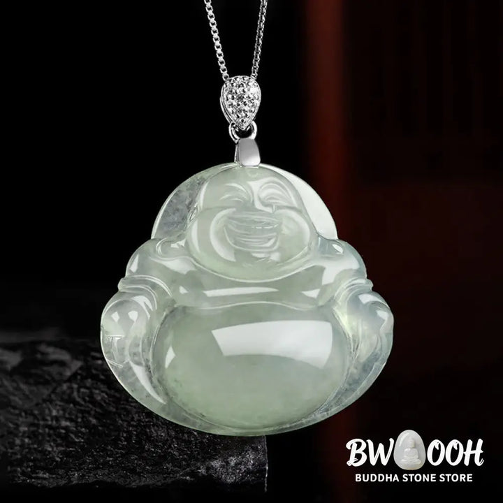 Buddha Stones Natural Jade Laughing Buddha Prosperity Abundance Titanium Steel Chain Necklace Pendant - BWOOOH