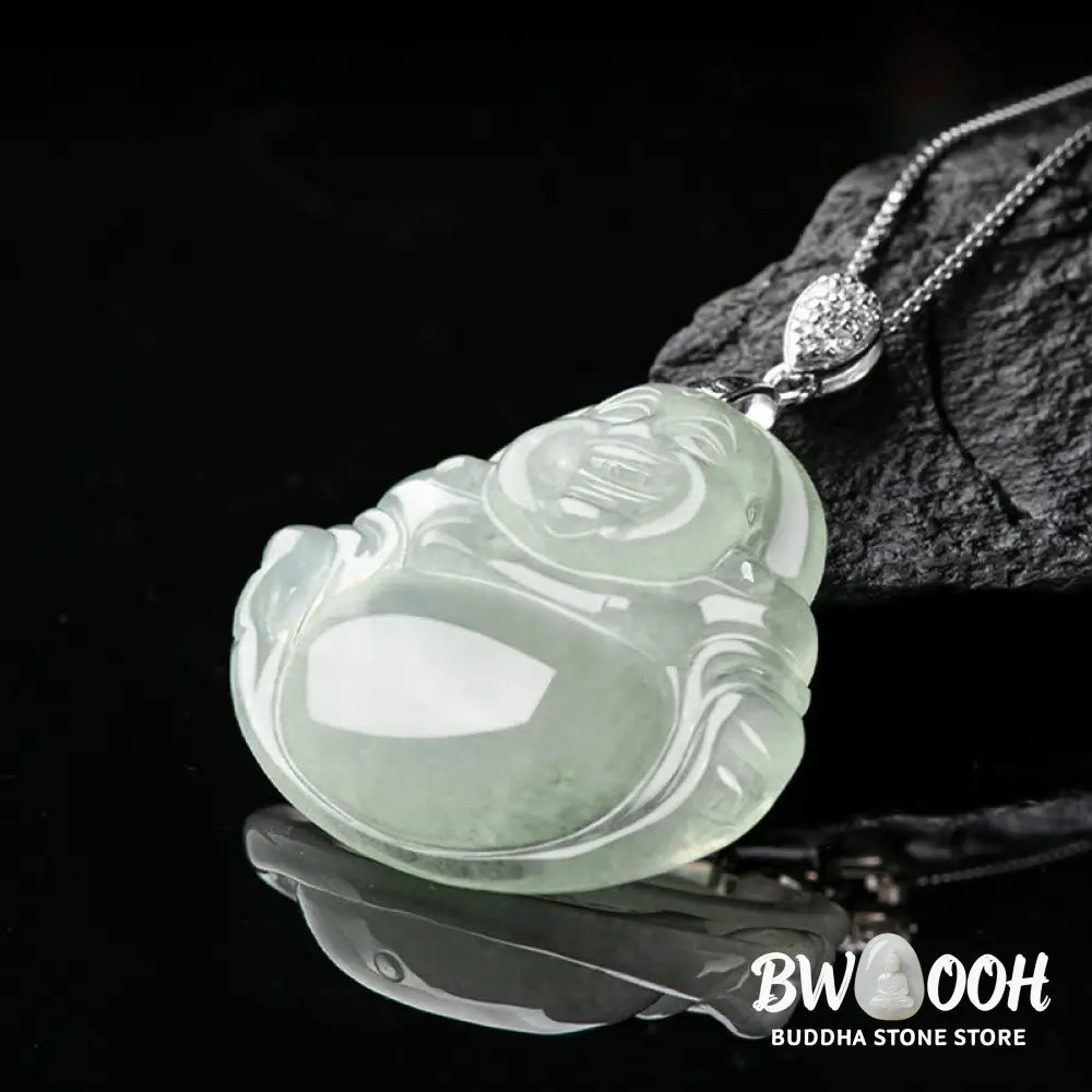 Buddha Stones Natural Jade Laughing Buddha Prosperity Abundance Titanium Steel Chain Necklace Pendant - BWOOOH