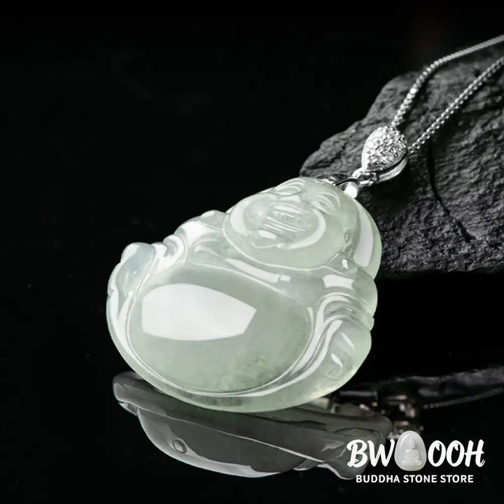 Buddha Stones Natural Jade Laughing Buddha Prosperity Abundance Titanium Steel Chain Necklace Pendant - BWOOOH